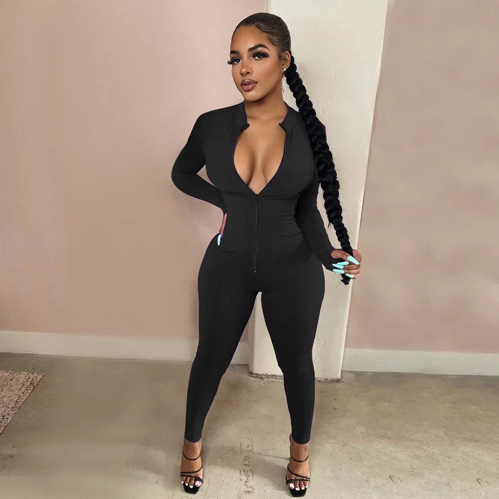 BWQ Sexy Solid Color Long Sleeve Deep V Bodycon Rompers Women Jumpsuit Sport Suit Fashion Zip up Long Pants Overalls Fitness Set