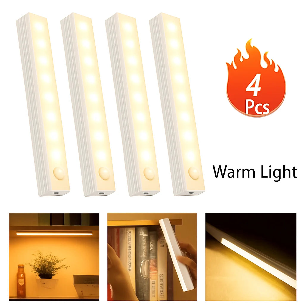 LED Motion Sensor Cabinet Lights - Set of 4, Wireless and Rechargeable, Perfect for Closets, Kitchens, Wardrobes, Stairs, and Corridors