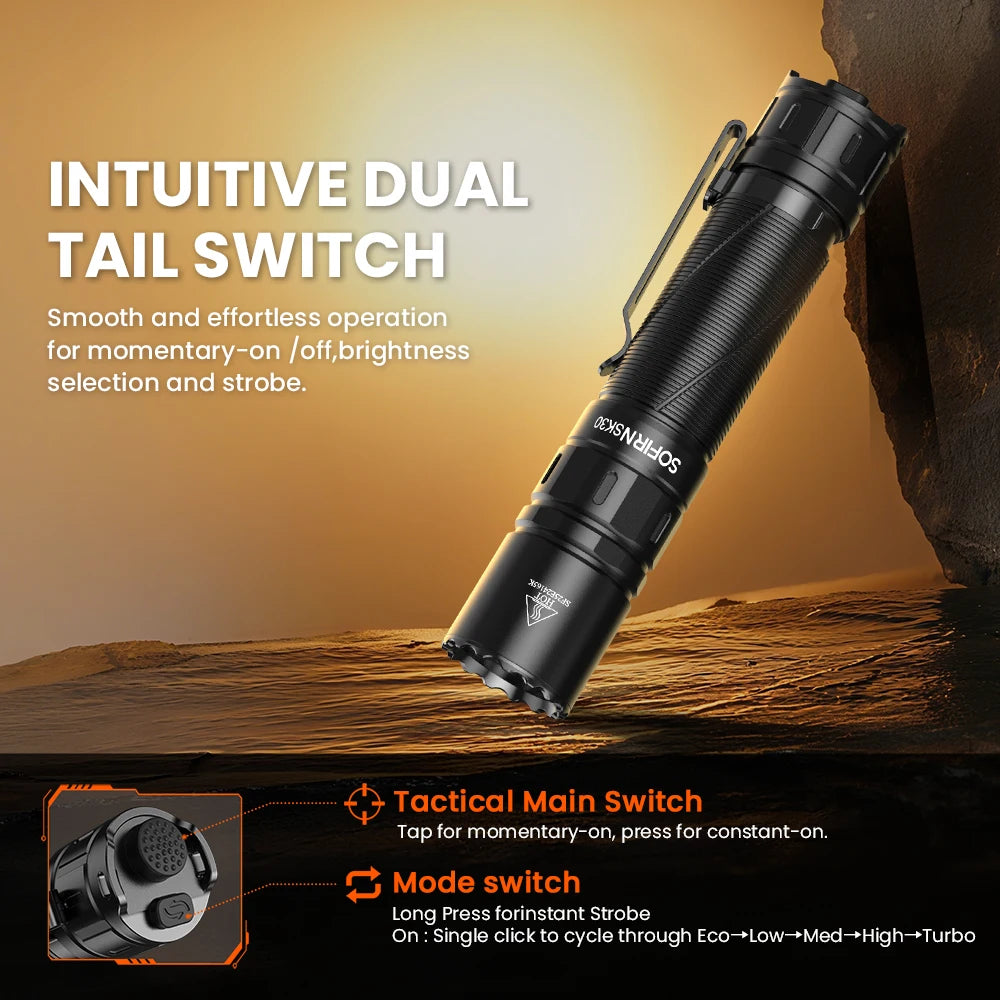SK30 3000 High Lumen 6000K Tactical Flashlight USB C 21700 Rechargeable Pocket Torch with Dual Tail Switches