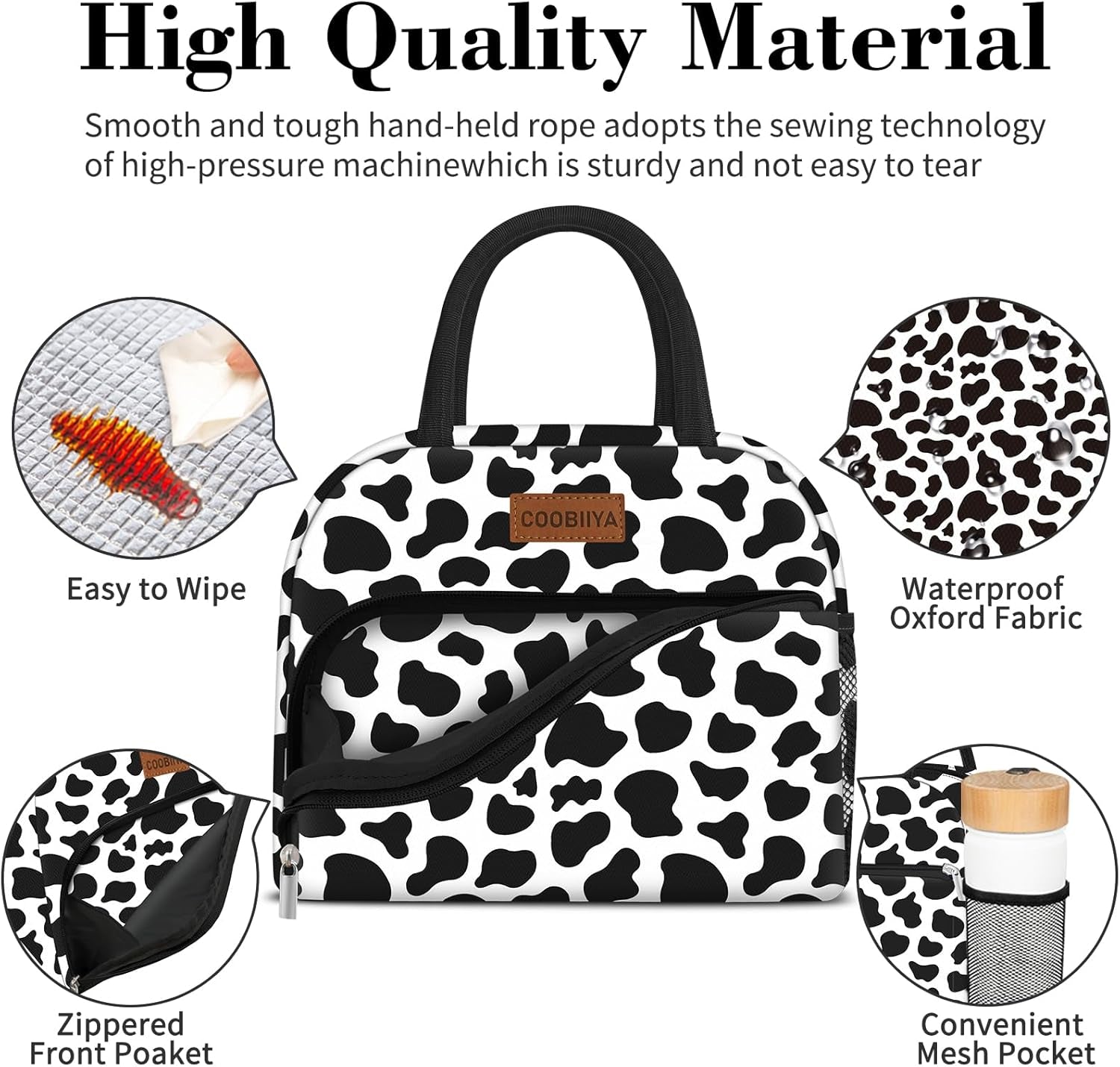 Lunch Bag Women, Lunch Box for Women Adult Men, Small Leakproof Cute Lunch Tote Large Capacity Reusable Insulated Cooler Lunch Container for Work/Office/Picnic/Travel-Cow