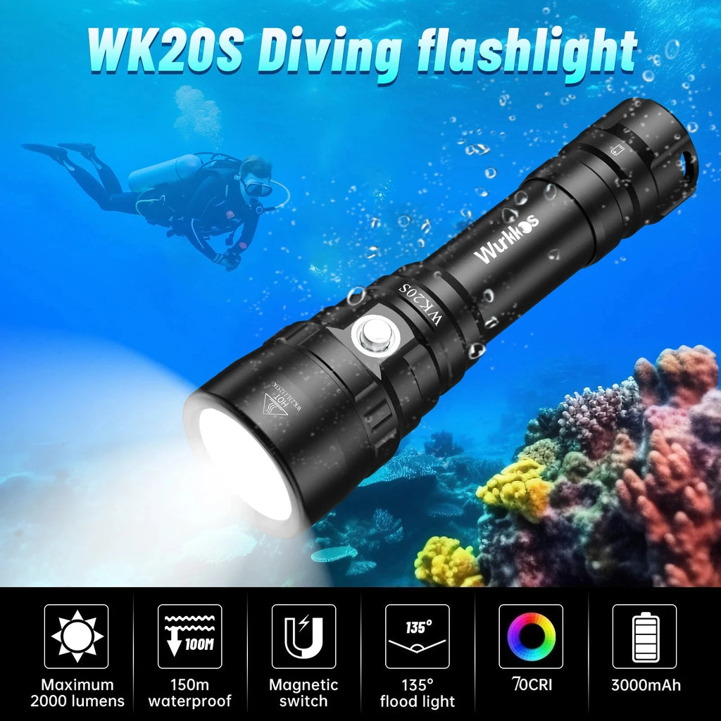 WK20S Powerful Diving Flashlight IPX8 Waterproof Scuba Dive Light Rechargeable Max 2000 Lumen SST40 HD LED 4 Modes