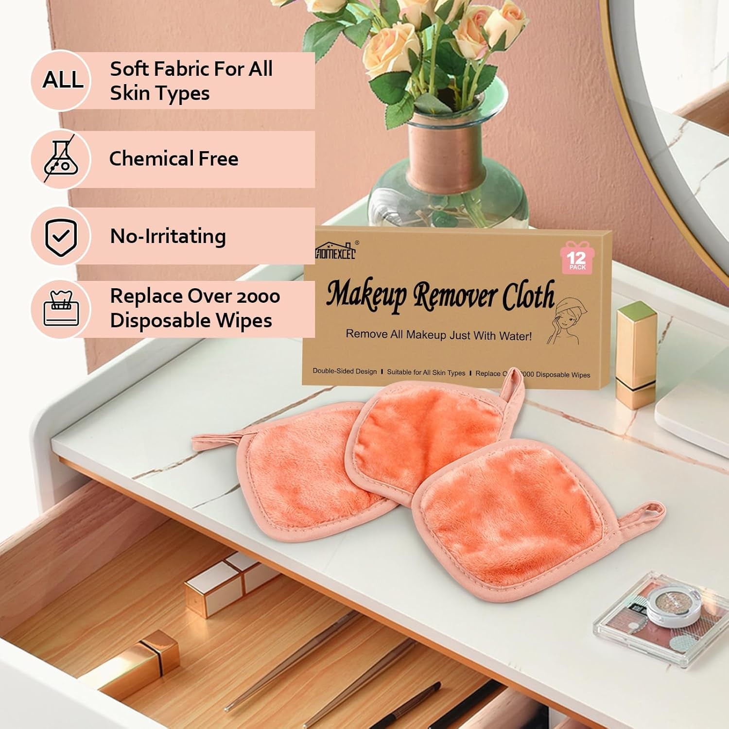 Makeup Remover Cloth 12 Pack, Reusable Makeup Remover Pads, Washable Ultra Soft Facial Cleansing Cloths for All Skin Types, 5 X 5 In, Pink