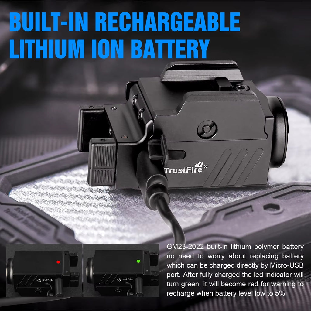 GM23 Tactical LED Flashlights Mini Pistol Lights 800 Lumens USB Rechargeable Quick Release Handgun 1913/GL Rail