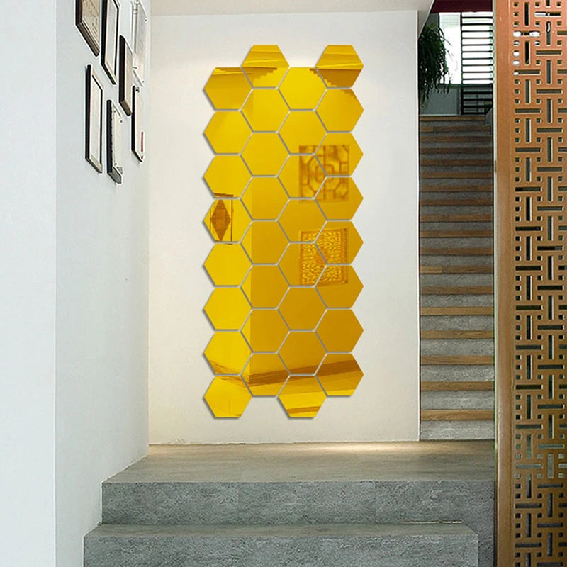 6/12Pcs 3D Mirror Wall Sticker Hexagon Decal Home Decor DIY Self-Adhesive Mirror Decor Stickers Art Wall Decoration 126Mm Large