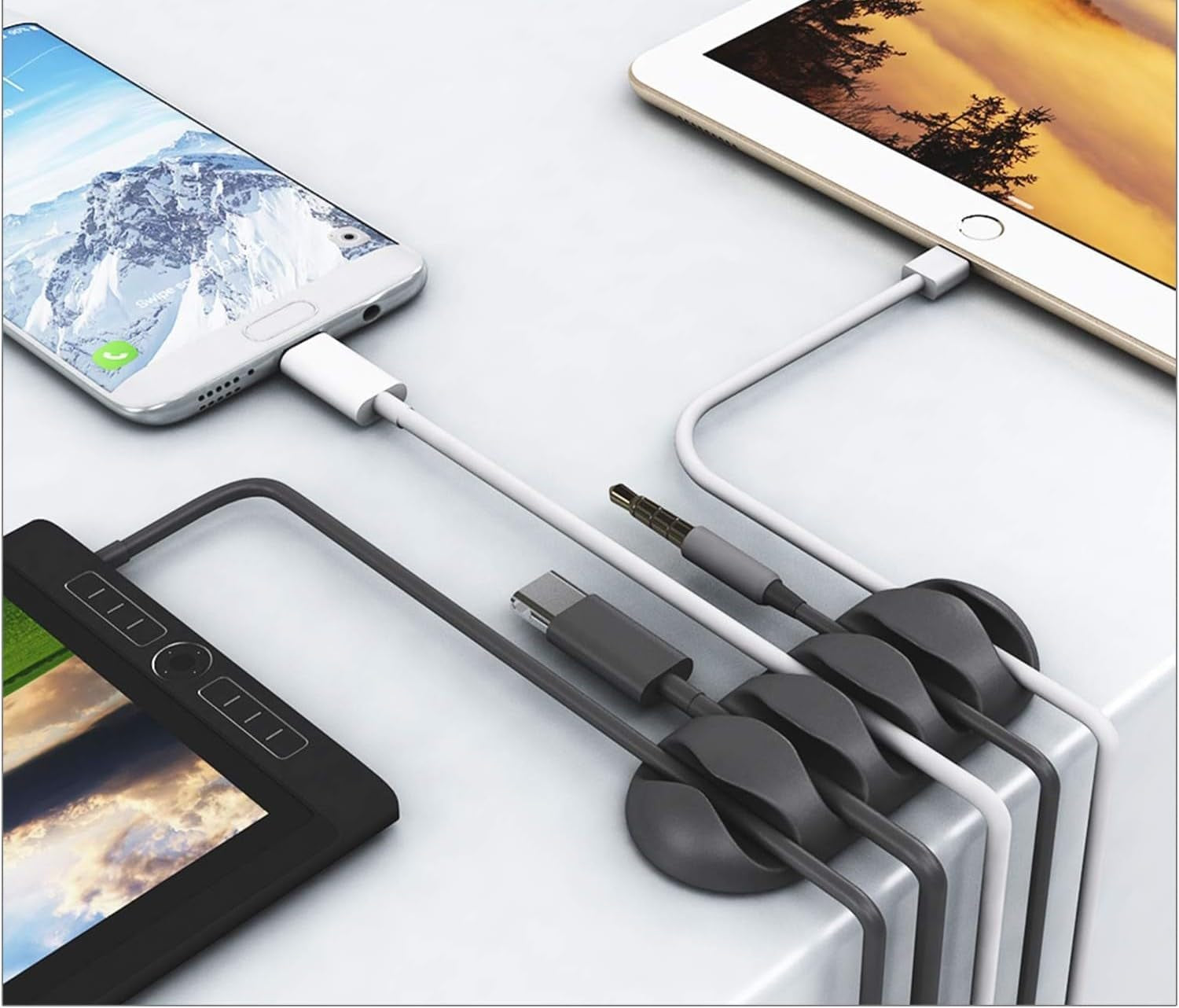 16-Pack Self-Adhesive Cable Management Clips - White Cord Organizer for Desks, Nightstands, Chargers, Computers, Home, Office, and Vehicles