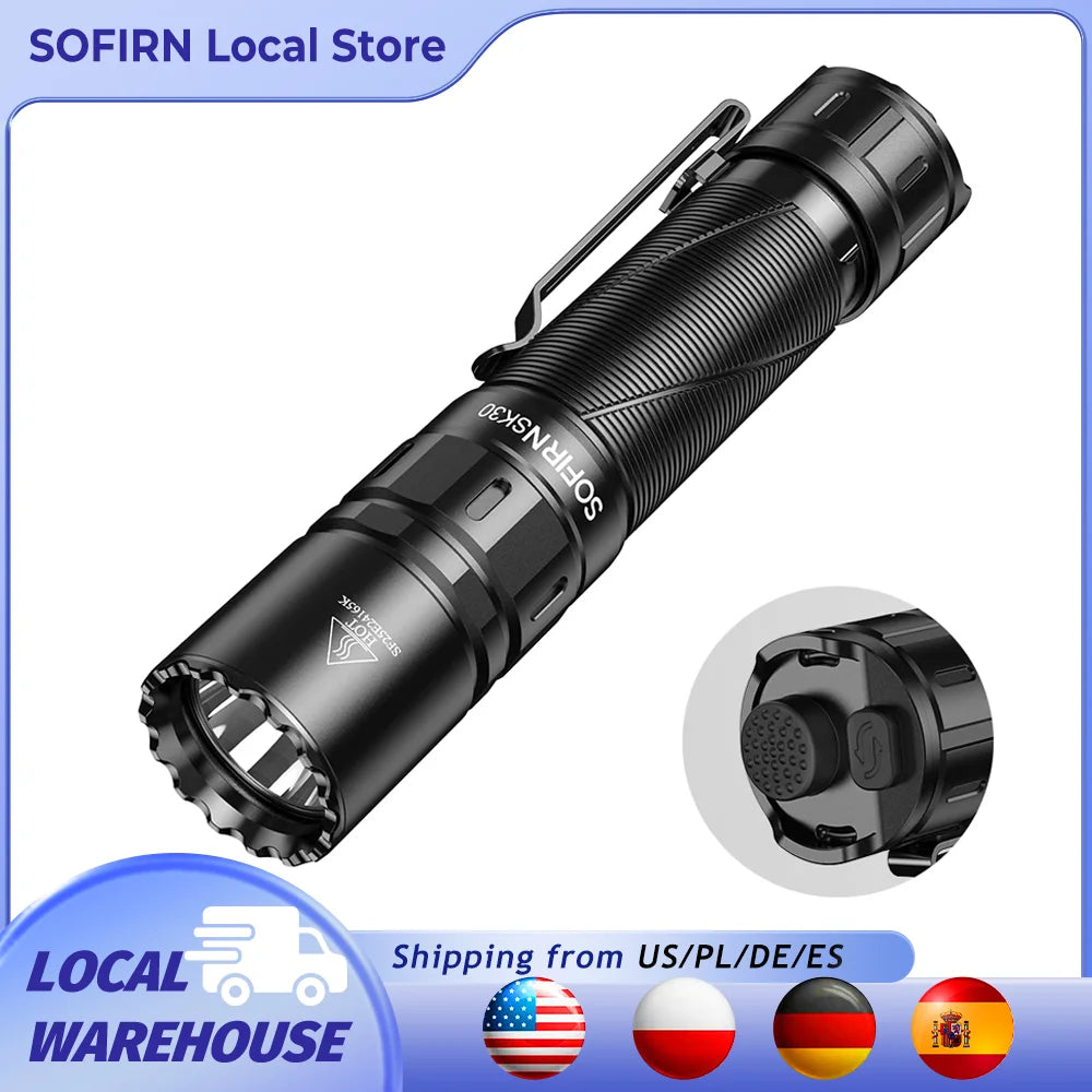 SK30 3000 High Lumen 6000K Tactical Flashlight USB C 21700 Rechargeable Pocket Torch with Dual Tail Switches