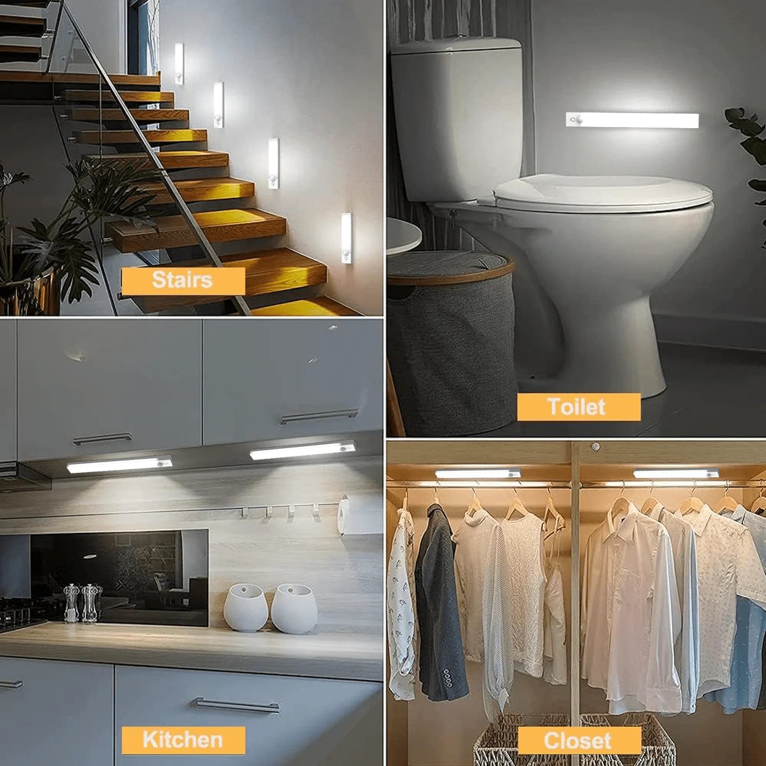 LED Motion Sensor Cabinet Lights - Set of 4, Wireless and Rechargeable, Perfect for Closets, Kitchens, Wardrobes, Stairs, and Corridors
