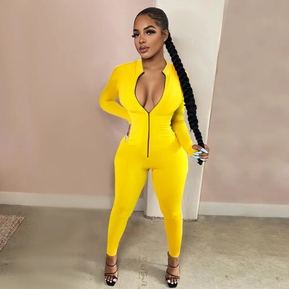 BWQ Sexy Solid Color Long Sleeve Deep V Bodycon Rompers Women Jumpsuit Sport Suit Fashion Zip up Long Pants Overalls Fitness Set