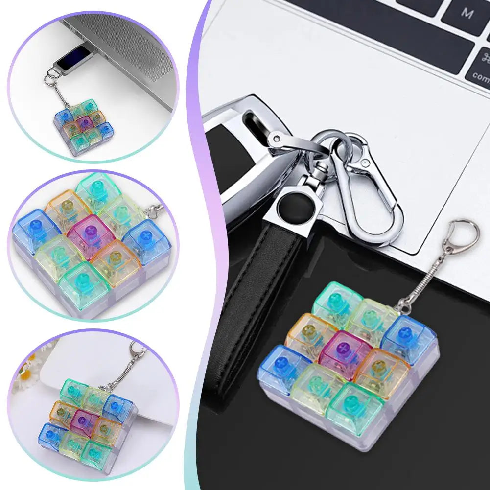 9 Keys LED Keyboard Keycap Keychain, Mechanical Switch Clicker Button, Relief Stress Pinch Toy, Transparent Fidget Keyring