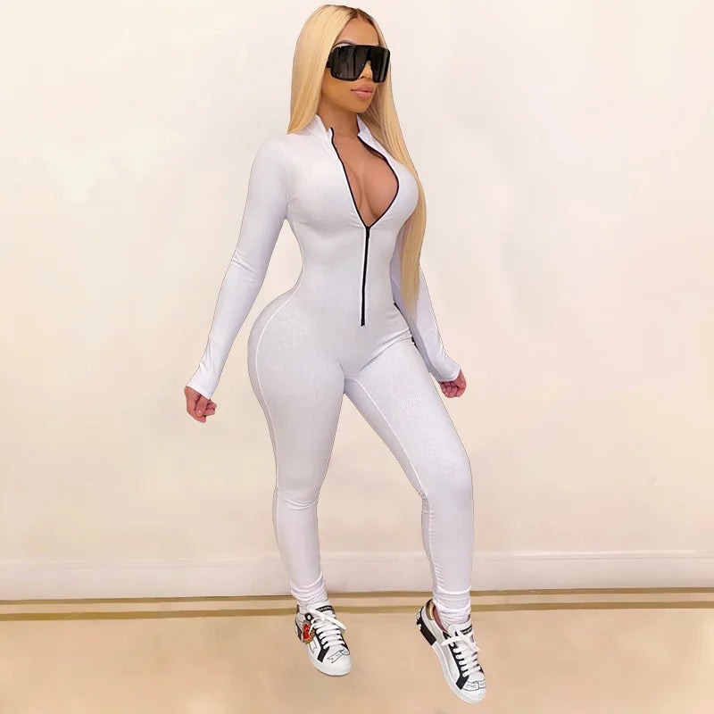 BWQ Sexy Solid Color Long Sleeve Deep V Bodycon Rompers Women Jumpsuit Sport Suit Fashion Zip up Long Pants Overalls Fitness Set