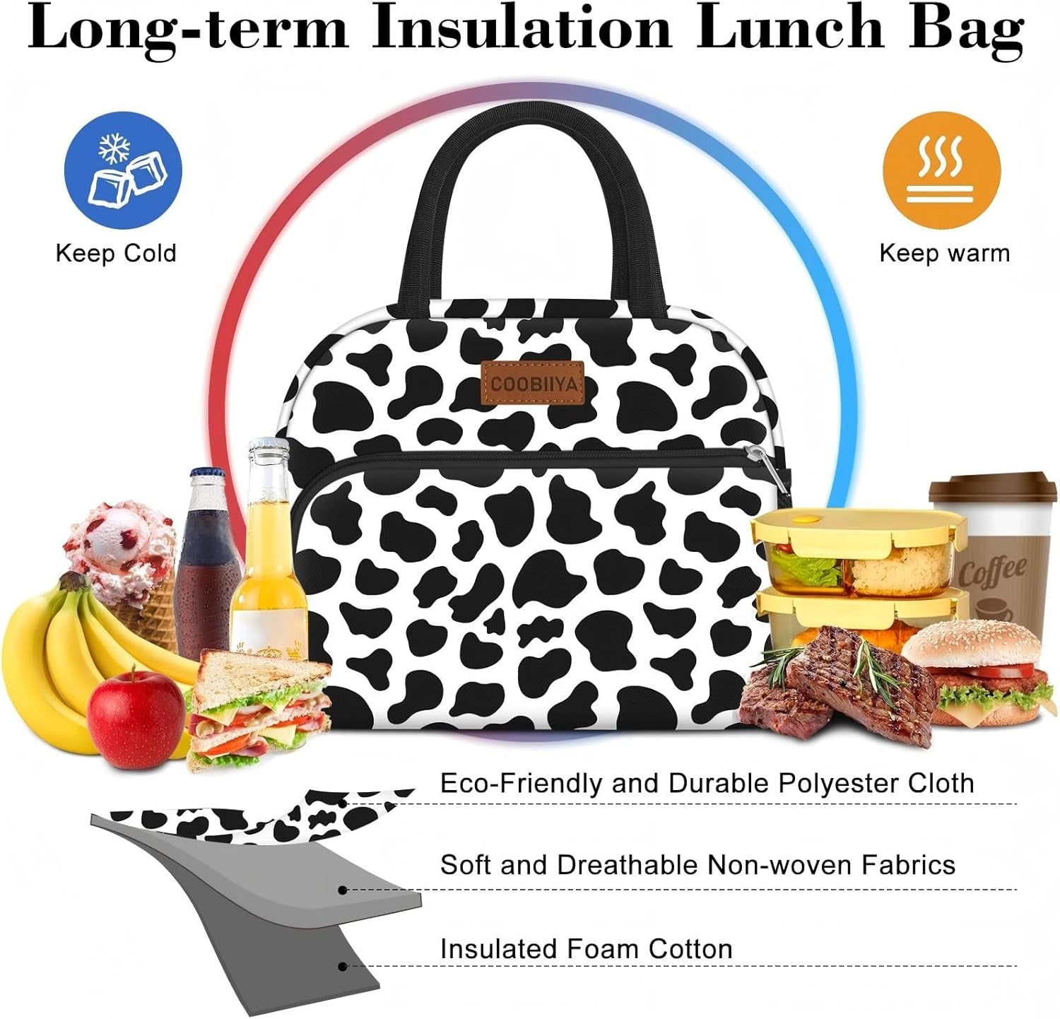 Lunch Bag Women, Lunch Box for Women Adult Men, Small Leakproof Cute Lunch Tote Large Capacity Reusable Insulated Cooler Lunch Container for Work/Office/Picnic/Travel-Cow