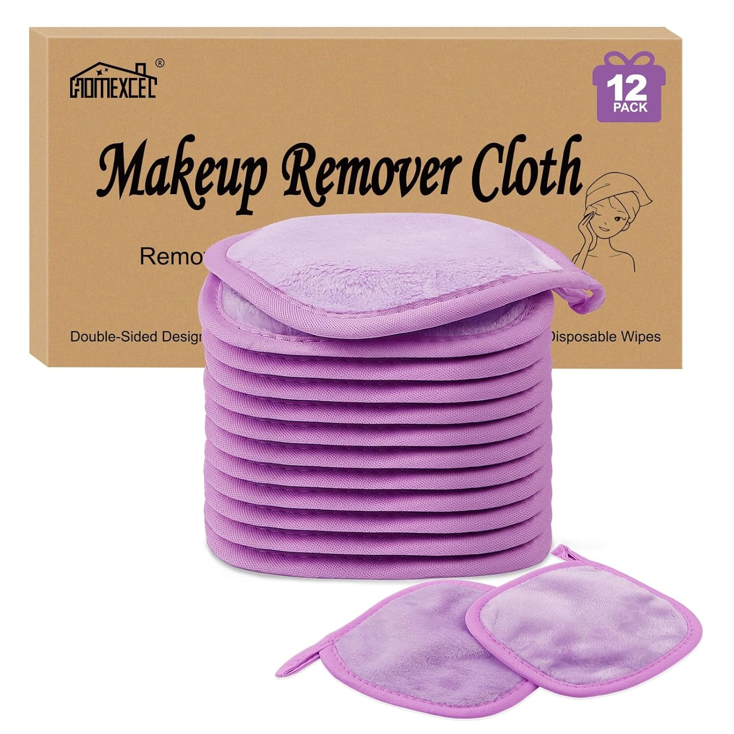 Makeup Remover Cloth 12 Pack, Reusable Makeup Remover Pads, Washable Ultra Soft Facial Cleansing Cloths for All Skin Types, 5 X 5 In, Pink