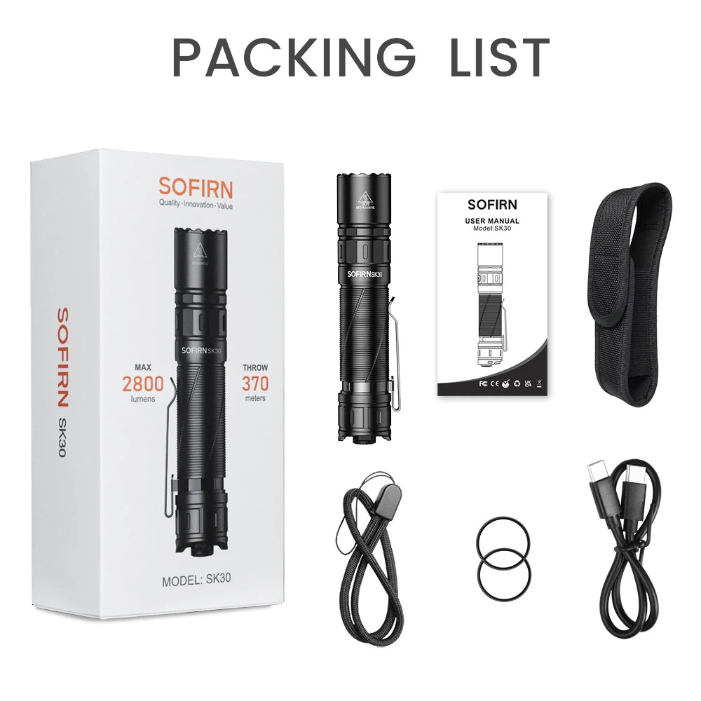 SK30 3000 High Lumen 6000K Tactical Flashlight USB C 21700 Rechargeable Pocket Torch with Dual Tail Switches