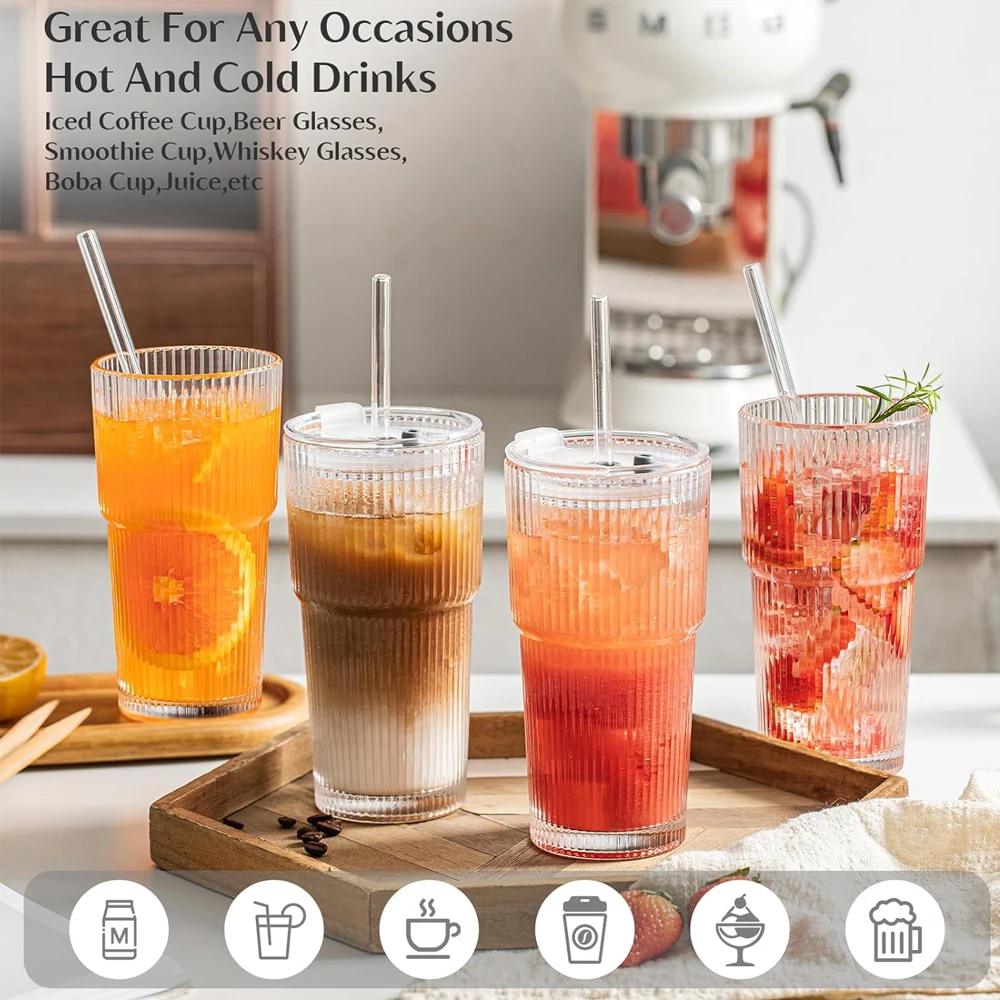 Glass Cup with Lid and Straw - 20oz Leak-Proof Iced Coffee Tumbler