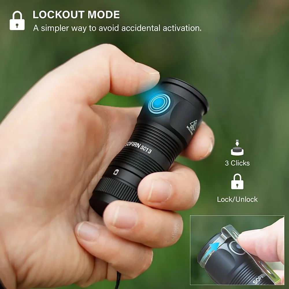 Mini SC13 SST40 LED 1300Lm Tactical 18350 Rechargeable Flashlight 6000K Keychain Light with Magnetic