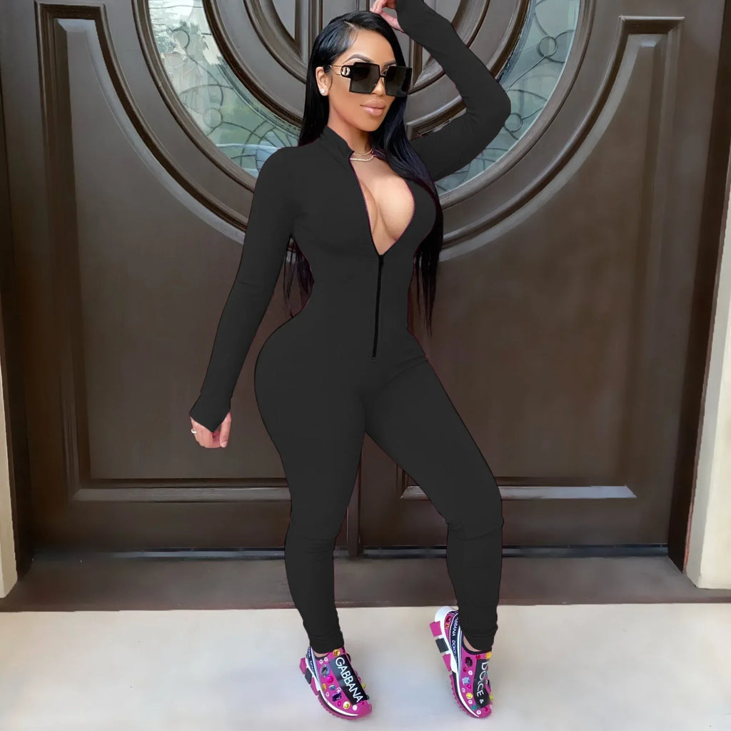 BWQ Sexy Solid Color Long Sleeve Deep V Bodycon Rompers Women Jumpsuit Sport Suit Fashion Zip up Long Pants Overalls Fitness Set