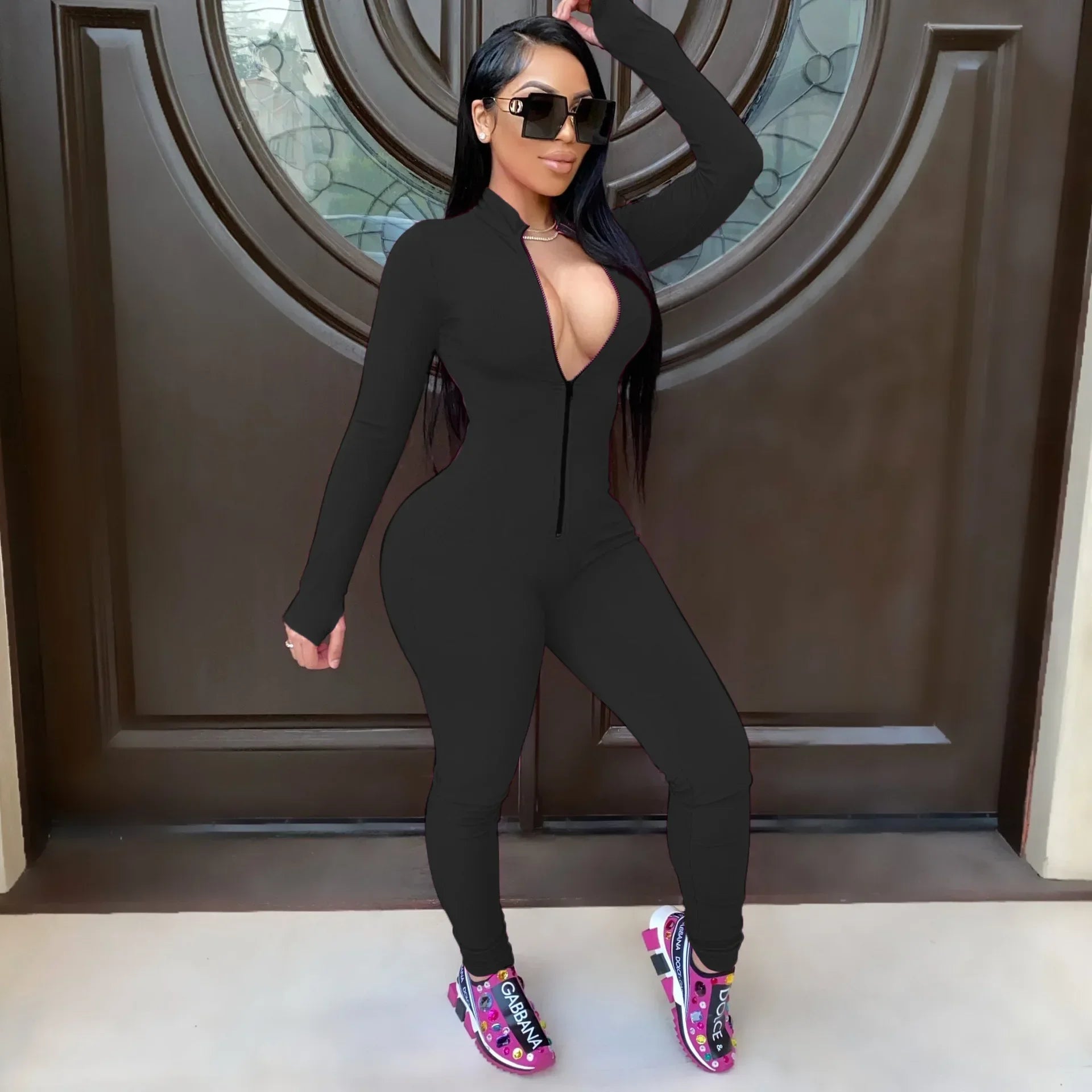 BWQ Sexy Solid Color Long Sleeve Deep V Bodycon Rompers Women Jumpsuit Sport Suit Fashion Zip up Long Pants Overalls Fitness Set