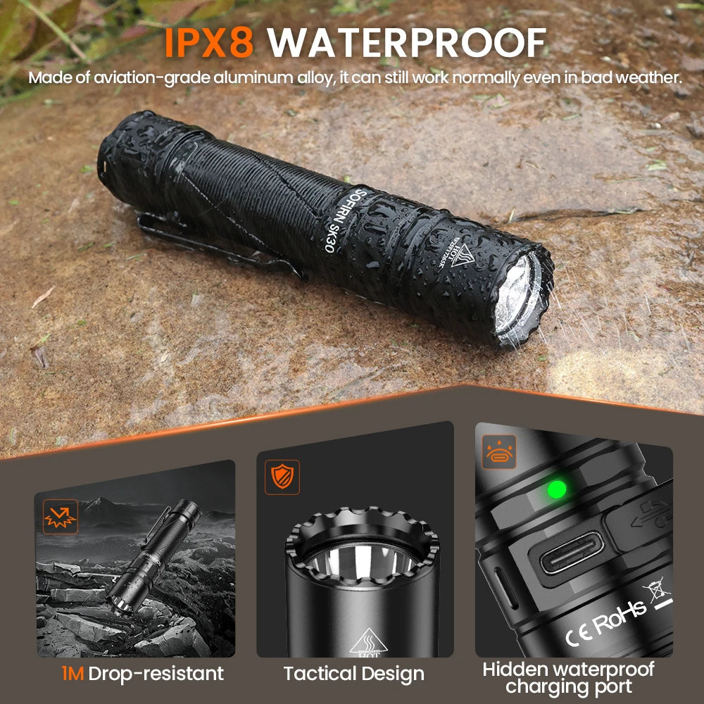 SK30 3000 High Lumen 6000K Tactical Flashlight USB C 21700 Rechargeable Pocket Torch with Dual Tail Switches