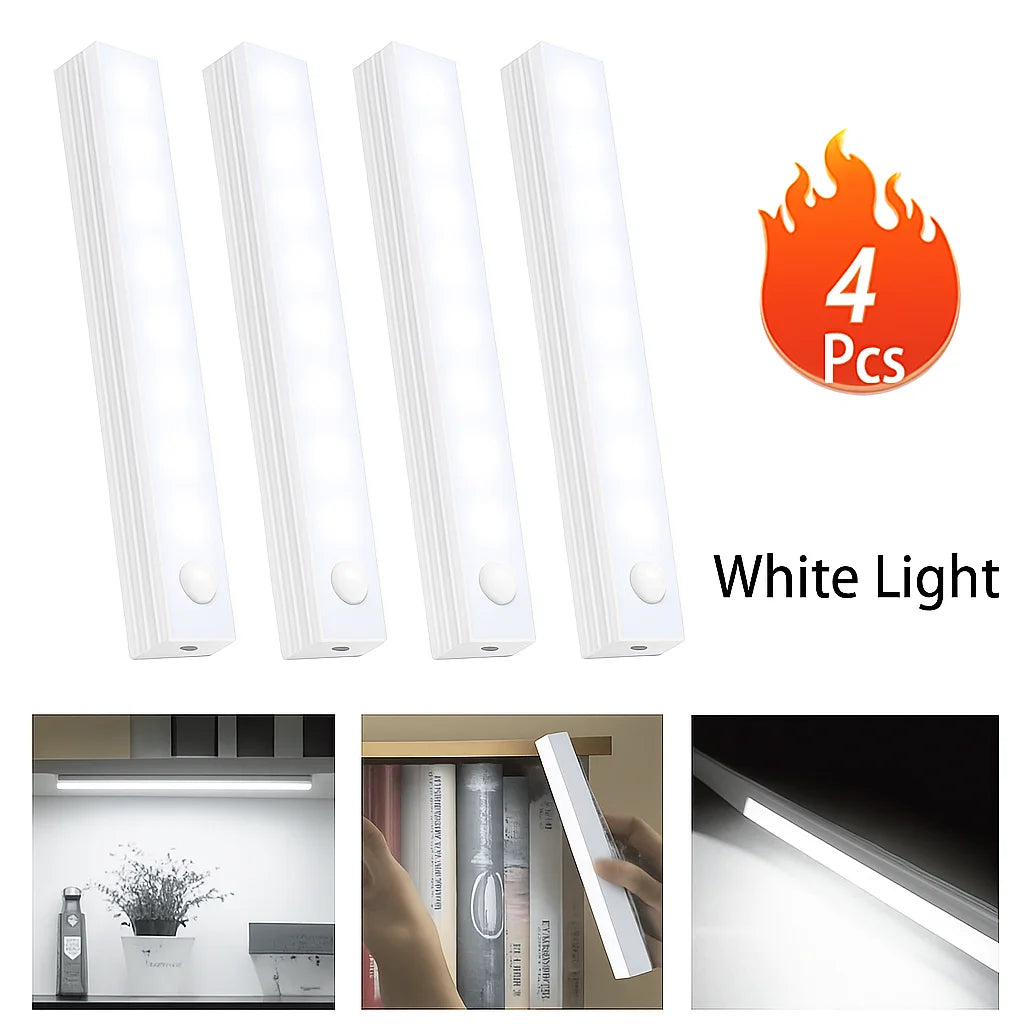 LED Motion Sensor Cabinet Lights - Set of 4, Wireless and Rechargeable, Perfect for Closets, Kitchens, Wardrobes, Stairs, and Corridors