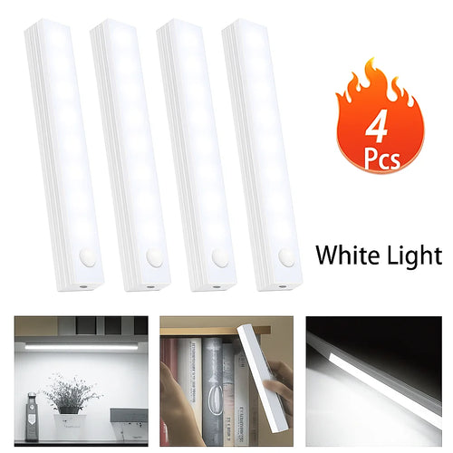LED Motion Sensor Cabinet Lights - Set of 4, Wireless and Rechargeable, Perfect for Closets, Kitchens, Wardrobes, Stairs, and Corridors