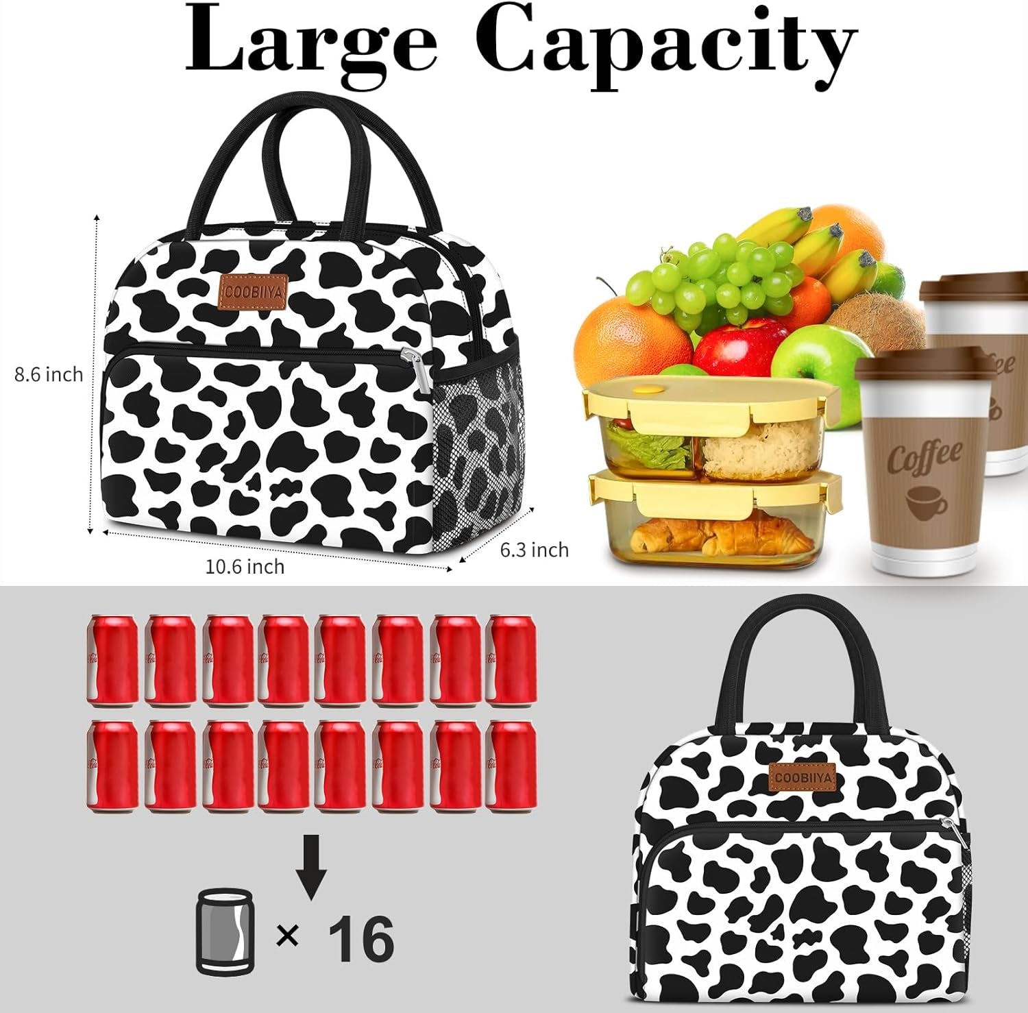 Lunch Bag Women, Lunch Box for Women Adult Men, Small Leakproof Cute Lunch Tote Large Capacity Reusable Insulated Cooler Lunch Container for Work/Office/Picnic/Travel-Cow