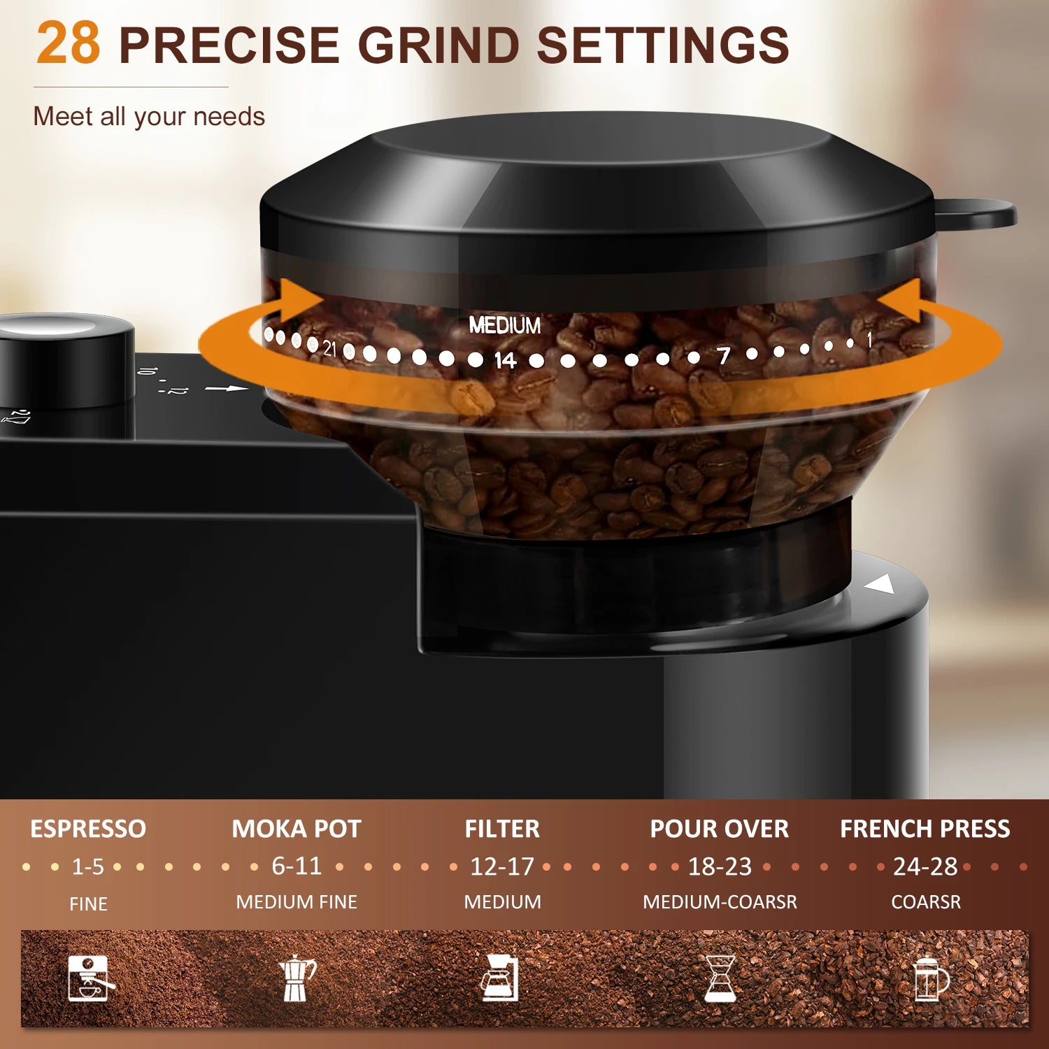 Automatic Burr Mill Coffee Grinder Electric Coffee Bean Grinding with 28 Adjustable Gears for Espresso French Press Drip Coffee