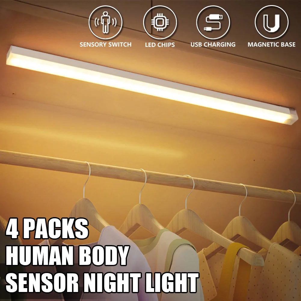 LED Motion Sensor Cabinet Lights - Set of 4, Wireless and Rechargeable, Perfect for Closets, Kitchens, Wardrobes, Stairs, and Corridors