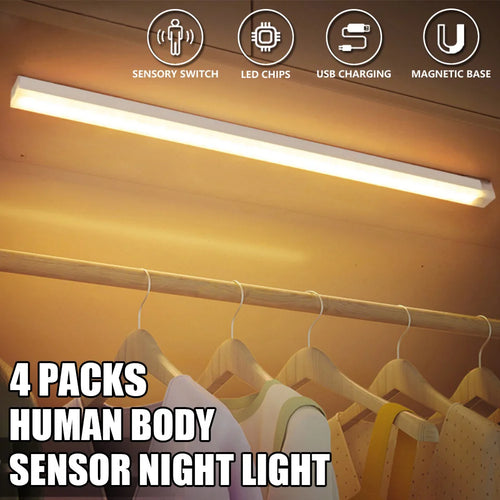 LED Motion Sensor Cabinet Lights - Set of 4, Wireless and Rechargeable, Perfect for Closets, Kitchens, Wardrobes, Stairs, and Corridors